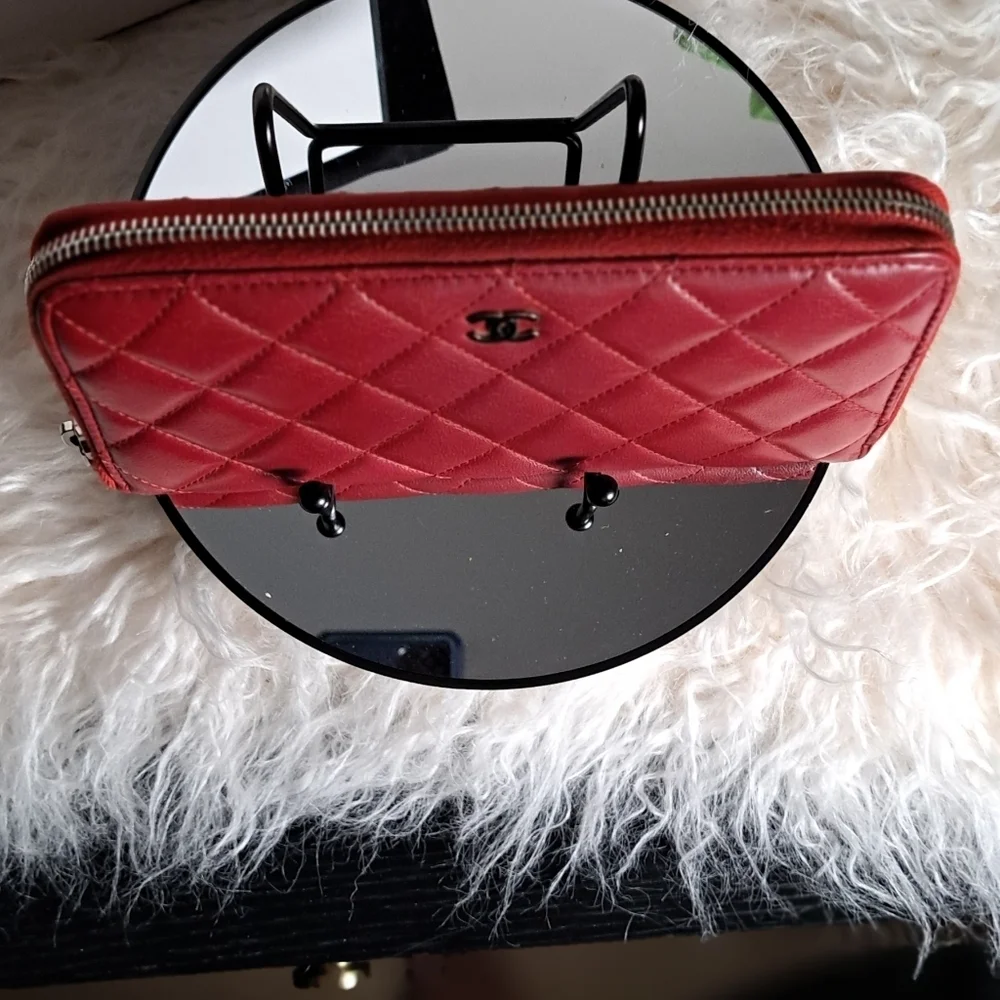 Chanel Red Quilted Cavier Zip Around Wallet With COA